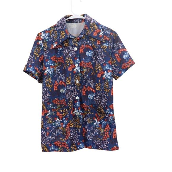 Vintage 1970s Blue Floral Button Front Blouse - Picture 1 of 9